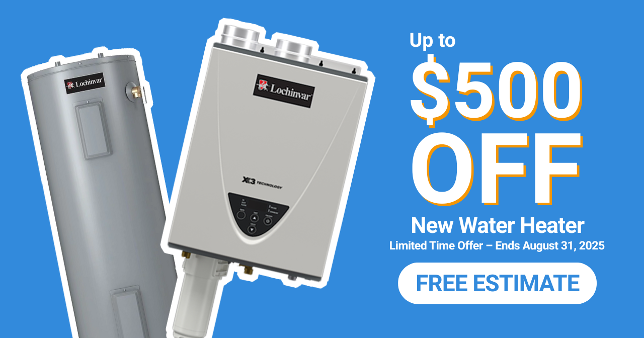 $500 off new water heater special available through August 31, 2025