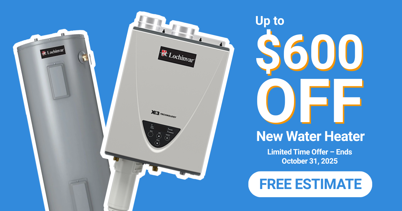 Promo banner for up to $600 off a new water heater