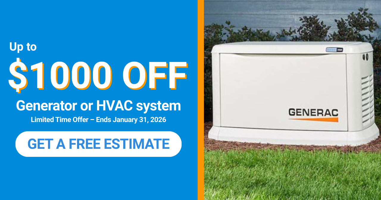 Promo banner for up to $1000 off a new generator or HVAC system